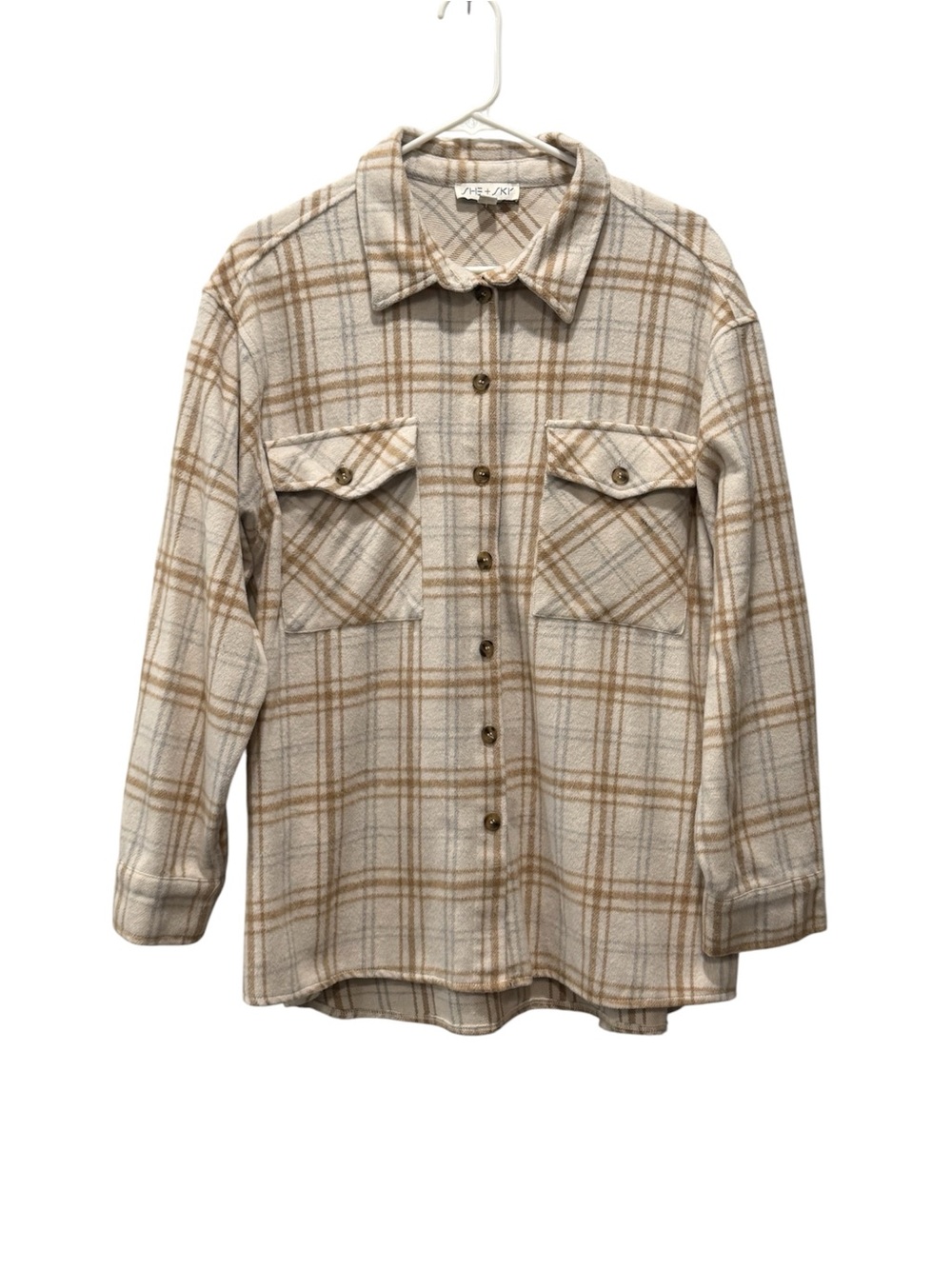 SHE + SKY Casual Plaid Button-Up Shacket - Beige/Tan